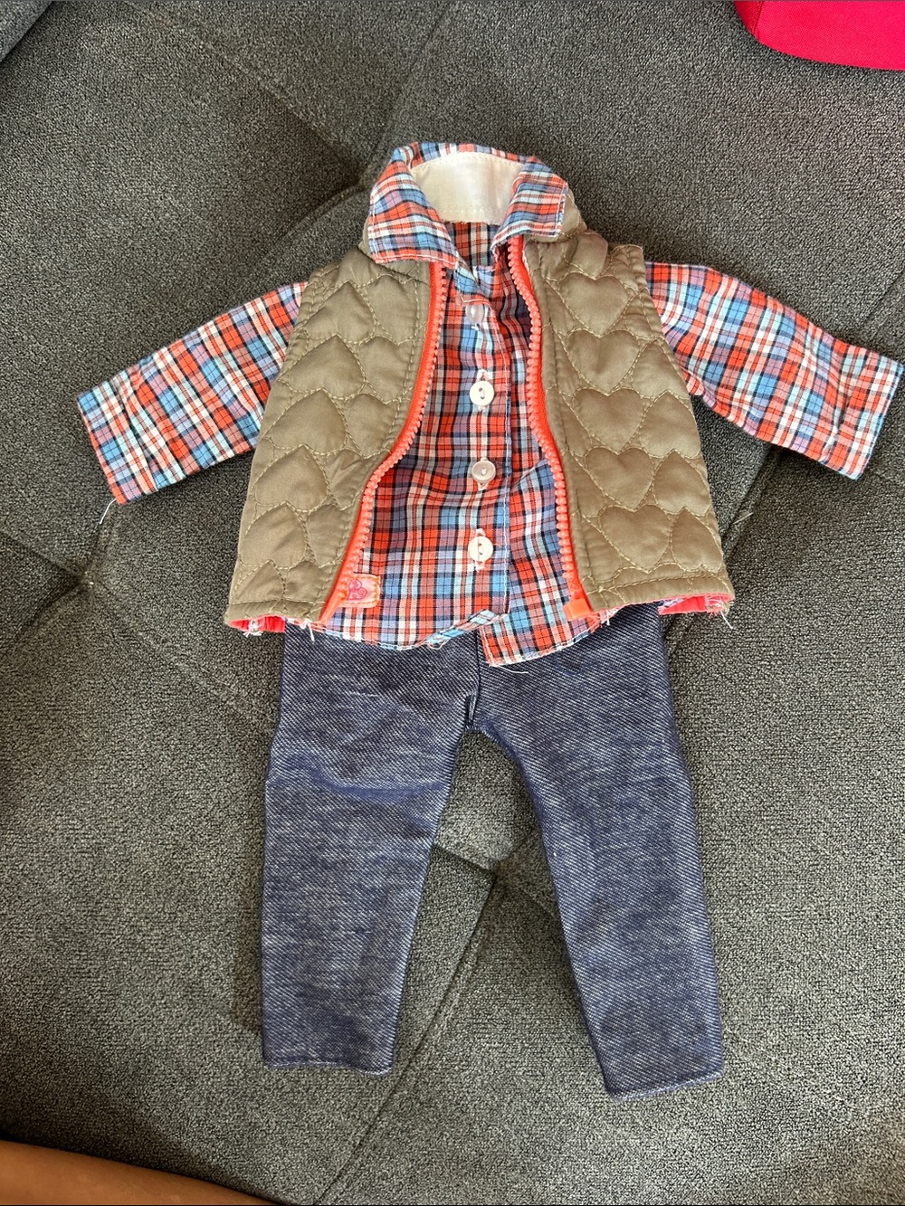 Plaid Button-Up Shirt, Quilted Tan Vest & Navy Pants Kids Outfit Set